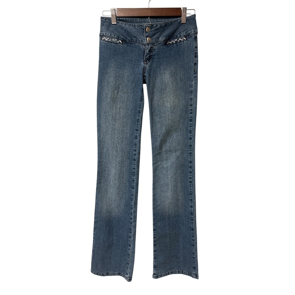 ELA Low Rise Flare Jeans Womens Size 6 Blue Y2K Rhinestone Colombian Denim